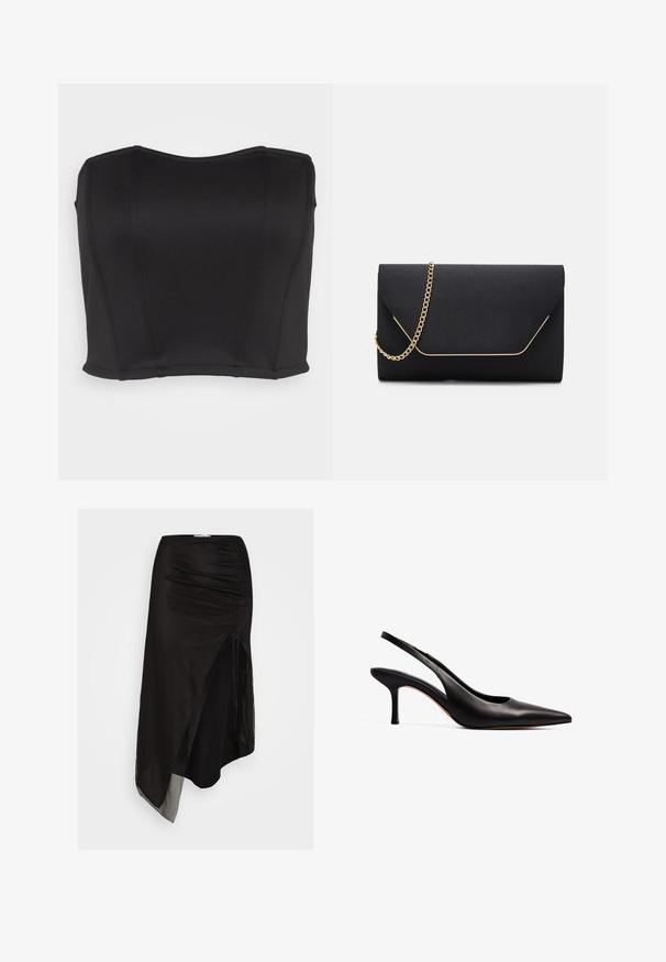 WAL G. PRIYA BODICE - Top - black; Sort asymmetrisk nederdel lavet af let, gennemsigtigt stof, med rynkede detaljer på siden og en høj slids for ekstra bevægelse.; NA-KD Pumps - black; Sort clutch taske med en glat overflade, prydet med en guldkæde-rem og en geometrisk flaplukning, der er indrammet i guld.