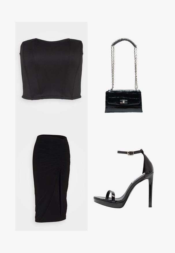 WAL G. PRIYA BODICE - Débardeur - black; Jupe crayon noire froncée avec détail à nouer et fente latérale. Fabriquée à partir d'un tissu extensible, elle présente une texture lisse et une coupe ajustée.; Steve Madden MILANO - Sandales à talons hauts - black; Sac à main en cuir noir à texture crocodile avec fermoir à verrou argenté et longue chaîne argentée avec patte d'épaule en cuir.