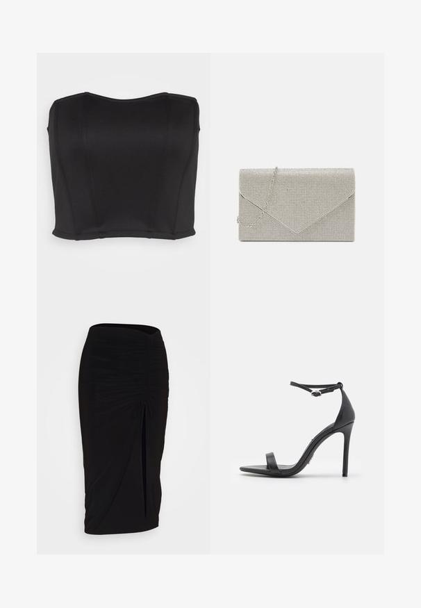 WAL G. PRIYA BODICE - Top - black; falda lápiz negra con fruncido, detalle de lazo y abertura lateral. Hecha de un tejido elástico, con una textura suave y un diseño ajustado.; Sandalias de tacón alto negras con punta abierta, tiras delgadas y hebilla en el tobillo. Textura de cuero suave con un diseño de punta afilada.; Bolso de mano metálico plateado con diseño de sobre, embellecido con un patrón texturizado, que incluye una correa de cadena desmontable.