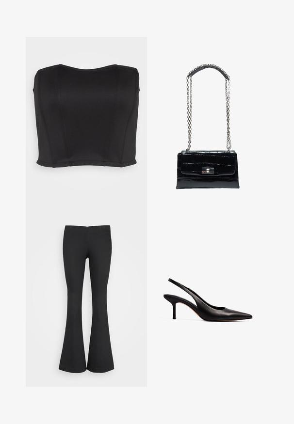 WAL G. PRIYA BODICE - Top - black; Monki Broek - black; NA-KD Klassieke pumps - black; Zwarte leren handtas met krokodilstructuur, zilveren draaiversluiting en lange zilveren kettingriem met leren schouderpad.