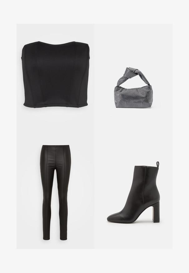 WAL G. PRIYA BODICE - Top - black; Čierne faux kožené legíny s hladkým, lesklým povrchom, ktoré majú úzky strih a vertikálne švy na prednej a zadnej strane.; Čierne kožené členkové topánky s špicatou špičkou, cylindrickým vysokým podpätkom a slučkovou pútkom na zadnej strane pre jednoduché obúvanie. Hladká textúra.; Čierna a strieborná kabelka s textúrovaným povrchom so vzorom diamantov, s uzlovou rukoväťou a štruktúrovaným tvarom.
