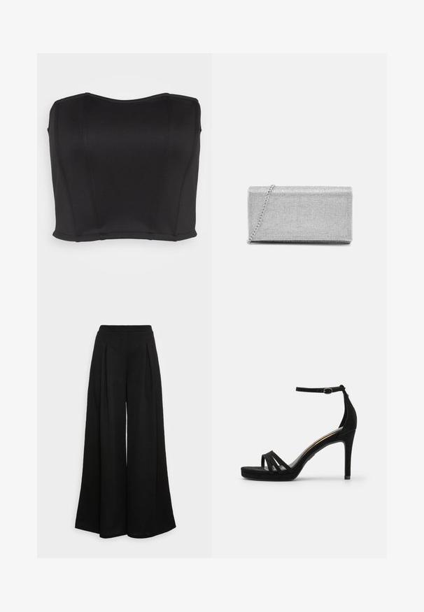 WAL G. PRIYA BODICE - Top - black; Pantalones negros de pierna ancha hechos de una tela suave, con pliegues frontales y una cintura alta, que garantizan una silueta fluida.; Sandaía de tacón alto de ante negro con punta abierta, que cuenta con tres correas estrechas en la parte frontal y una correa en el tobillo ajustable.; Bolso de mano metálico plateado con diseño de malla trenzada, forma rectangular y una cadena para llevar. Textura suave y acabado pulido.
