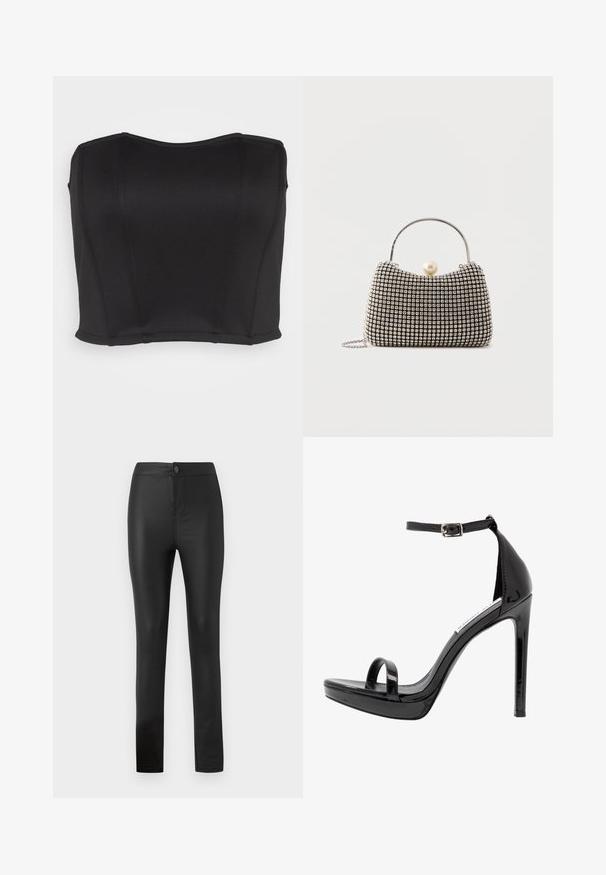 WAL G. PRIYA BODICE - Topp - black; Mustad mustad leggings, mis on valmistatud elastsemast ja siledast materjalist ning millel on napilt istuv disain, esipaneelil nööp ja tõmblukk, ning sirged sääred.; Steve Madden MILANO - Kõrge kontsaga sandaalid - black; Väike käekott hõbedase võrgumustriga, kõver käepide, suur pärlikinnitus ja õhuke hõbedane kettsahtel lihtsal taustal.