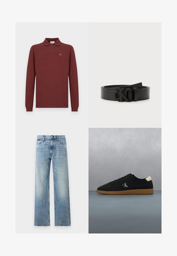 Bordeauxrot langärmliges Poloshirt aus Baumwolle, mit klassischem Kragen, Drei-Knopf-Leiste und kleinem gesticktem Logo auf der Brust.; Hellblaue Jeans mit geradem Bein, hohem Bund, fünf Taschen, Knopfverschluss und dezentem Verblassen an Oberschenkeln und Knien.; Schwarze Leinensneaker mit einer Gummisohle, featuring einem silbernen "cK"-Logo an der Seite und einem weißen Akzent an der Ferse. Niedrig geschnittenes Design.; Schwarzer Ledergürtel mit glatter Oberfläche, runder Schnalle mit eingeprägt "CK"-Logo und verstellbarer Länge. Einfaches und klassisches Design.