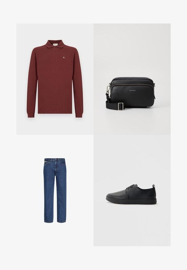 Bordeauxrot langärmliges Poloshirt aus Baumwolle, mit klassischem Kragen, Drei-Knopf-Leiste und kleinem gesticktem Logo auf der Brust.; Blaue Jeans mit geradem Bein aus Denim, mit fünf Taschen, einem Knopf- und Reißverschluss sowie dezenter Verblassung am Stoff.; Schwarze Leder-Sneaker mit glatter Oberfläche, abgerundeter Zehenpartie, gleichfarbiger Nähte, schnürbarem Vorderteil und flacher Gummisohle. Schlaufe an der Ferse.; Schwarze Leder-Crossbody-Tasche mit zwei Reißverschlussfächern, strukturiertem Finish, verstellbarem Tragegurt und silbernen Hardware-Details. Calvin Klein-Logo angebracht.