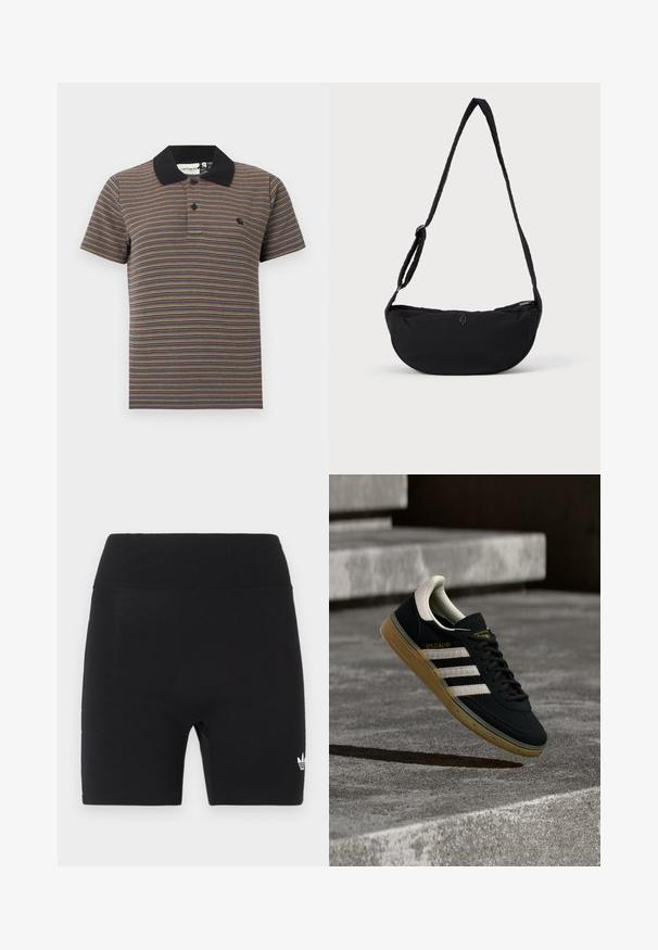 Kortærmet polo med tynde, horisontale flerfarvede striber og en ensfarvet sort krave med to-knaps åbning.; Sorte højtaljede atletiske shorts med bred elastisk talje og lille hvid Adidas-logo på nederste højre ben.; Sort ruskindssneaker med hvide striber og gyldent logo, med en tekstureret gummisål i karamel og en kontrasterende cremefarvet hæltab.; Sort stof skuldertaske med en buet form, der har en enkelt flettet rem og en lynlåslukning. Diskret logo på forsiden.