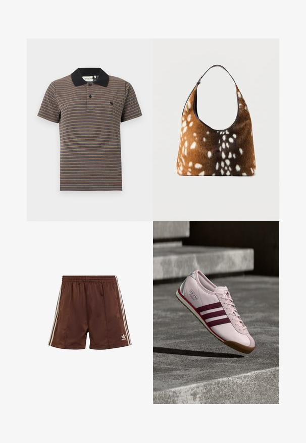 Kurzärmliges Poloshirt mit dünnen horizontalen mehrfarbigen Streifen und einem einfarbigen schwarzen Kragen mit einer Knopfleiste mit zwei Knöpfen.; Braune Sportshorts aus glattem Stoff mit lockerer Passform, die weiße seitliche Streifen und ein besticktes Logo am unteren linken Saum aufweisen.; Hellrosa Leder-Sneaker mit kastanienbraunen Streifen, Gumisohle und silbernen Akzenten. Texturiertes Obermaterial mit klassischem Adidas-Branding.; Braune und schwarze Handtasche mit weiß gepunktetem Fellstruktur und einem einzelnen schwarzen Schulterriemen vor einfarbigem Hintergrund.