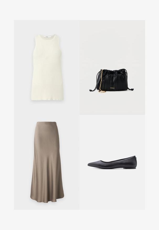 Top sin mangas de color crema hecho de tela de canalé, con un escote redondo y un diseño ajustado. Sin patrones o acentos visibles.; Larga falda de satén marrón con una textura suave, que presenta una silueta fluida y un dobladillo ligeramente acampanado. Sin hardware visible ni patrones.; Zapato plano de cuero negro con punta puntiaguda y tacón bajo, mostrado de perfil contra un fondo blanco.; Bolso de mano negro de cuero plisado con cordón ajustable, cadena dorada como asa y un pequeño detalle horizontal dorado en la parte frontal.