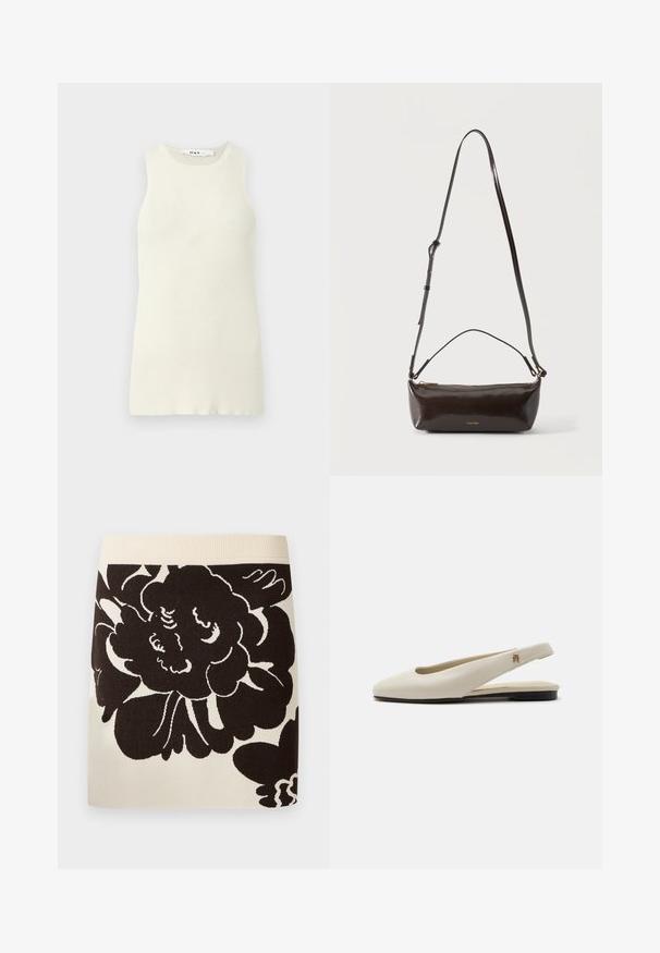 Top sin mangas de color crema hecho de tela de canalé, con un escote redondo y un diseño ajustado. Sin patrones o acentos visibles.; Falda crema con cinturilla ancha acanalada y gran estampado floral negro que cubre la parte delantera del tejido.; Zapato plano slingback de cuero color crema con puntera redondeada y pequeño emblema dorado en la correa.; Pequeño bolso de hombro de cuero marrón oscuro brillante con correa ajustable, asa superior y cierre de cremallera dorado.