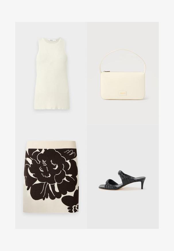 Top sin mangas de color crema hecho de tela de canalé, con un escote redondo y un diseño ajustado. Sin patrones o acentos visibles.; Falda crema con cinturilla ancha acanalada y gran estampado floral negro que cubre la parte delantera del tejido.; Sandalias negras con tacón y puntera cuadrada, hechas de cuero liso. Presentan tiras fruncidas y un tacón delgado para mayor elevación.; Bolso rectangular color crema con una sola correa y cremallera superior, con una pequeña placa de logotipo en relieve en el frente.