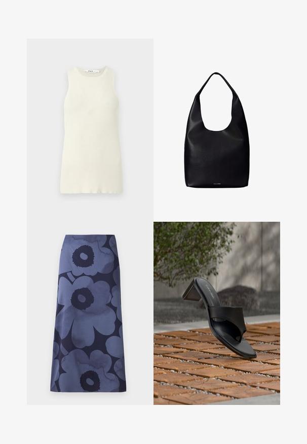 Ärmelloses cremefarbenes Tanktop aus geripptem Stoff, mit rundem Halsausschnitt und enger Passform. Keine sichtbaren Muster oder Akzente.; Blumenbedruckter Midi-Rock mit großen dunkelblauen Blumen auf einem helleren blauen Hintergrund; der Stoff wirkt glatt mit einer leicht glänzenden Textur.; Schwarze Calvin Klein Sandale mit Absatz und Zehenschlaufe auf einem Holzkachelfußboden im Freien neben einem Baum und einer Steinmauer.; Schwarze Leder-Shopper-Tasche mit einem breiten einzelnen Schulterriemen und einem dezenten Calvin Klein-Logo in der unteren Mitte.