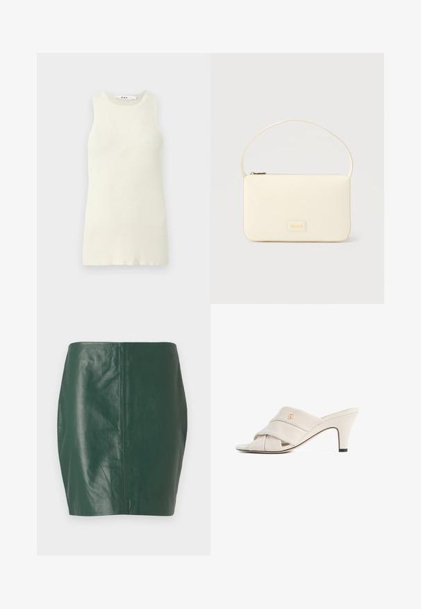 Top sin mangas de color crema hecho de tela de canalé, con un escote redondo y un diseño ajustado. Sin patrones o acentos visibles.; Minifalda de cuero verde con una textura suave y forma ajustada. Presenta un diseño sin costuras y sin cierres o herrajes visibles.; Mules de tacón alto beige con diseño de tira de cuero torcida, punta abierta y detalle de logotipo en relieve. El tacón tiene un detalle en punta negra.; Bolso rectangular color crema con una sola correa y cremallera superior, con una pequeña placa de logotipo en relieve en el frente.