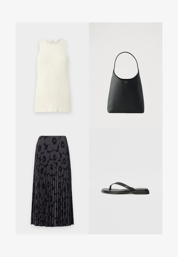 Mouwloze crèmekleurige tanktop van ribstof, met een ronde halslijn en een aansluitend ontwerp. Geen zichtbare patronen of accenten.; Zwarte geplooide rok met een bloempatroon, gemaakt van lichte stof; heeft verticale strepen en een elastische tailleband.; Zwarte teenflip-flop van glad leer, met een dunne band en een platte zool met een minimalistisch profiel. Geen opvallende patronen of accenten.; Zwarte leren handtas met een enkele gebogen handgreep, gladde textuur en een subtiel logo aan de voorkant. Minimalistisch ontwerp en ruime binnenkant.