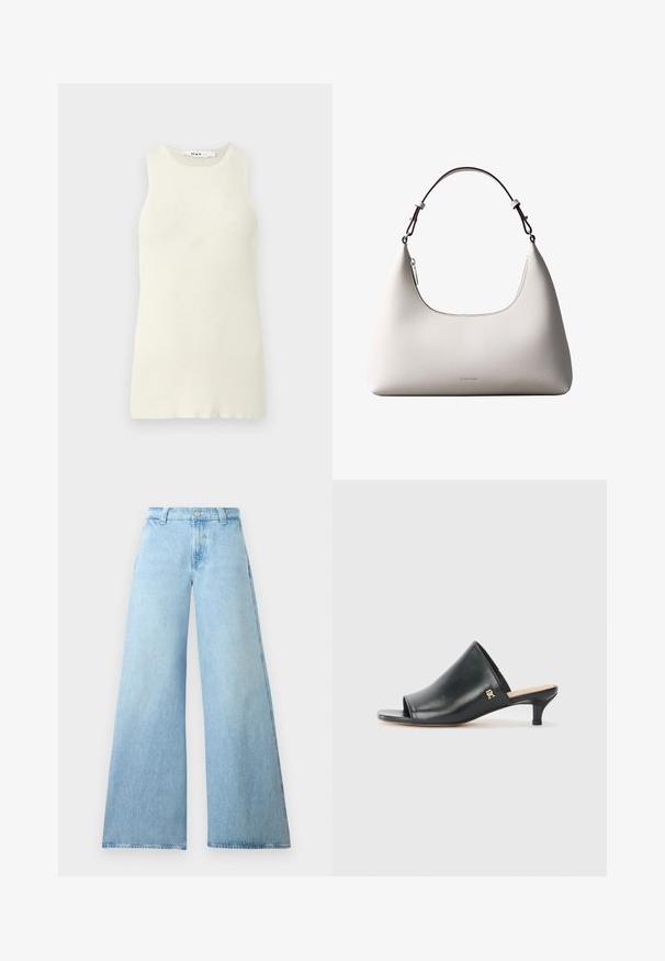 Top sin mangas de color crema hecho de tela de canalé, con un escote redondo y un diseño ajustado. Sin patrones o acentos visibles.; Jeans de pierna ancha de un azul claro, hechos de denim, con una cintura alta, que presentan un cierre de botón y cinco bolsillos. Textura suave con una silueta casual.; Mules de cuero negro de punta abierta con un tacón bajo. Presentan una superficie lisa y un acento del logo dorado en el costado.; Bolso de hombro de cuero color crema de Calvin Klein con borde superior curvado, cremallera plateada y correa ajustable marrón oscuro.