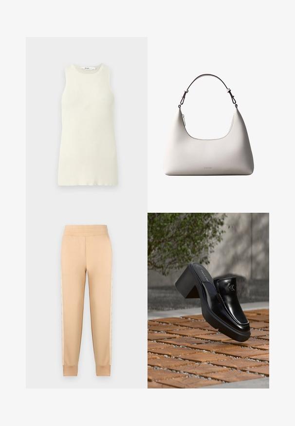 Udenærmet cremet top lavet af ribbet stof, med rund halsudskæring og tætsiddende design. Ingen synlige mønstre eller accenter.; Beige sweatpants med en glat tekstur, der har et tapered design, elastisk talje og mønstrede sidelommer.; Sort læder Calvin Klein slip-on mule med blokhæl, der hviler på trætøj udendørs nær en grøn plante og en grå væg.; Cremefarvet skuldertaske i læder fra Calvin Klein med buet topkant, sølvfarvet lynlås og mørkebrun justerbar rem.