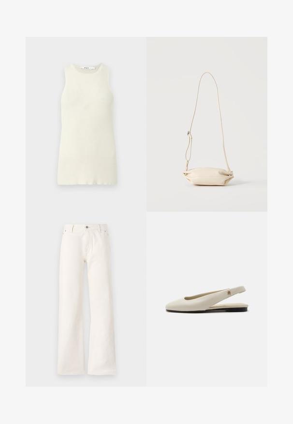 Top sin mangas de color crema hecho de tela de canalé, con un escote redondo y un diseño ajustado. Sin patrones o acentos visibles.; Jeans blancos de pierna ancha fabricados en denim, con cierre frontal de botón, cinco bolsillos y una textura suave sin patrones visibles.; Zapato plano slingback de cuero color crema con puntera redondeada y pequeño emblema dorado en la correa.; Bolso bandolera pequeño de cuero beige con correa ajustable, mostrado sobre un fondo claro y liso.