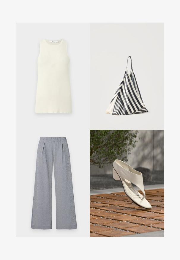 Top sin mangas de color crema hecho de tela de canalé, con un escote redondo y un diseño ajustado. Sin patrones o acentos visibles.; Pantalones de pierna ancha en tejido a rayas navy y blanco. Cuentan con una cinturilla elástica y dos pliegues frontales para un detalle adicional.; Sandalia de tacón de cuero blanco con una tira ancha y separador de dedos, mostrada al aire libre sobre una superficie de madera y baldosas de grava con vegetación al fondo.; Bolsa triangular de tela a rayas blancas y negras con una sola correa para el hombro, colocada verticalmente sobre un fondo claro y simple.