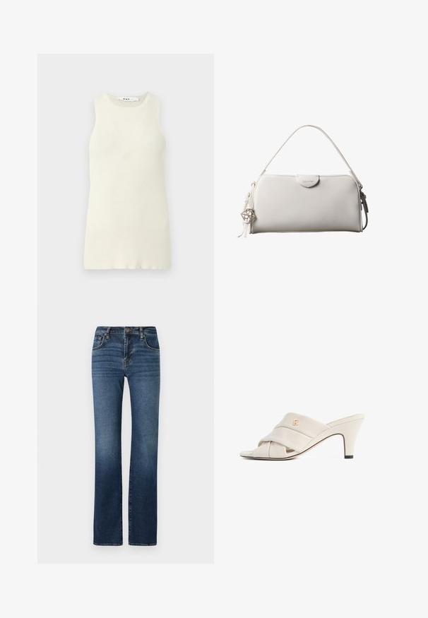 Mouwloze crèmekleurige tanktop van ribstof, met een ronde halslijn en een aansluitend ontwerp. Geen zichtbare patronen of accenten.; Donkerblauwe denim jeans met een rechte pijpdesign, hoge taille, subtiele vervaging, vijf zakken en metalen knoopsluiting.; Beige hoge hakken mules met een gedraaide lederen band, open teen en een reliëf logo-accent. De hak heeft een zwarte puntdetail.; Witte rechthoekige Calvin Klein handtas met enkele handgreep, minimalistisch ontwerp en decoratieve kwastjes met geometrische metalen hanger aan de zijkant.