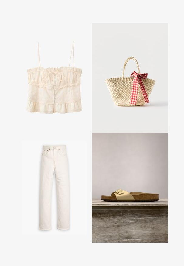 Crèmekleurige mouwloze cropped top met gerafelde randen, dunne bandjes, knopen aan de voorkant, strikje bij de borst en kanten details.; Witte denim jeans met een recht gesneden ontwerp, vijf zakken en koperen hardware accenten. Afgeronde zoom aan de enkels.; Gouden synthetische slipper met een enkele band en een gespaccent, met een bruine kurken voetbed en een gestructureerde rubberen zool.; Gevlochten strooien tas met gevlochten handvatten en een rood-wit geruit lint dat aan één zijde in een strik is gebonden.