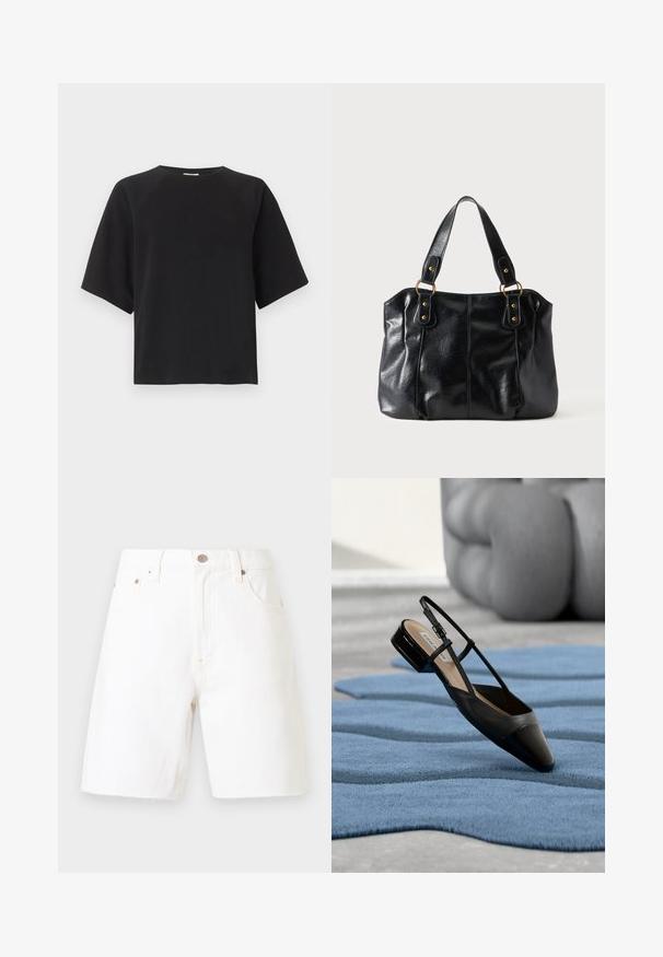 Sort T-shirt med korte ærmer og rund hals, afslappet pasform og enkel design, vist mod en ensfarvet hvid baggrund.; Hvide denimshorts med forreste knap, lynlås, bæltestropper og fem-lomme design på en ensartet lys baggrund.; Sort laklædersko med slingback og lav blokhæl, hvilende på et tekstureret blåt bølgemønster tæppe og gråt polstret møbel.; Sort læder skuldertaske med dobbelte stropper fastgjort med gyldne ringe og nitter, glat og let skinnende overflade, enkelt design.