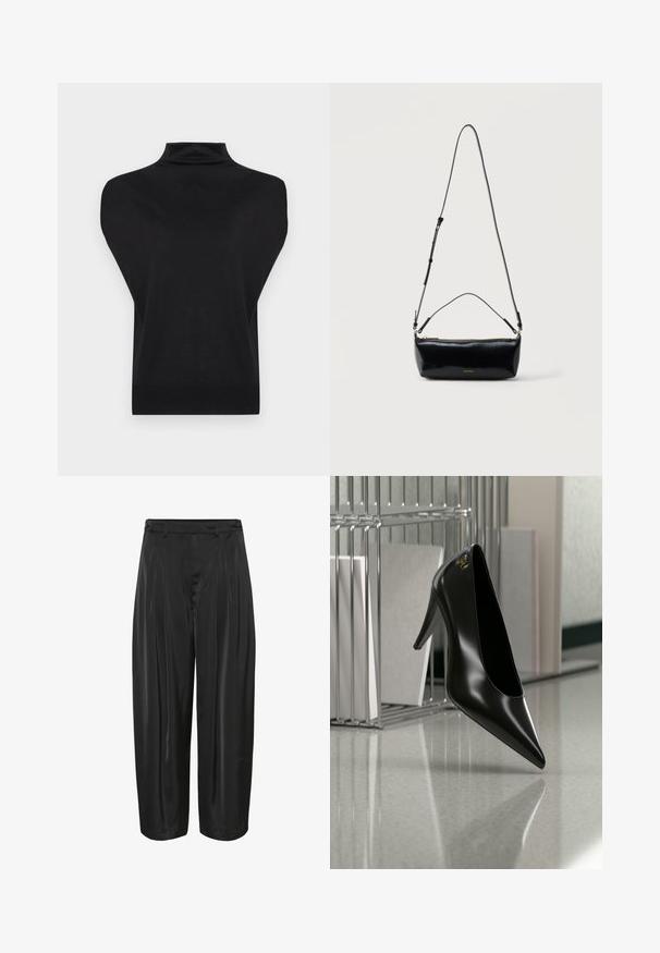 Pull noir sans manches à col roulé avec de larges panneaux aux épaules et un ourlet côtelé ajusté, présenté sur un fond blanc.; Pantalons noirs à jambes larges avec plis sur le devant, passants de ceinture et ajusteurs latéraux à boutons, fabriqués en tissu brillant.; Chaussure noire à talon haut avec bout pointu et logo doré, posée sur une surface réfléchissante près d'un organiseur de dossiers en fil chromé contenant des documents.; Sac bandoulière rectangulaire en cuir noir avec bandoulière ajustable, fermeture éclair sur le dessus et petit logo Calvin Klein doré sur le devant.