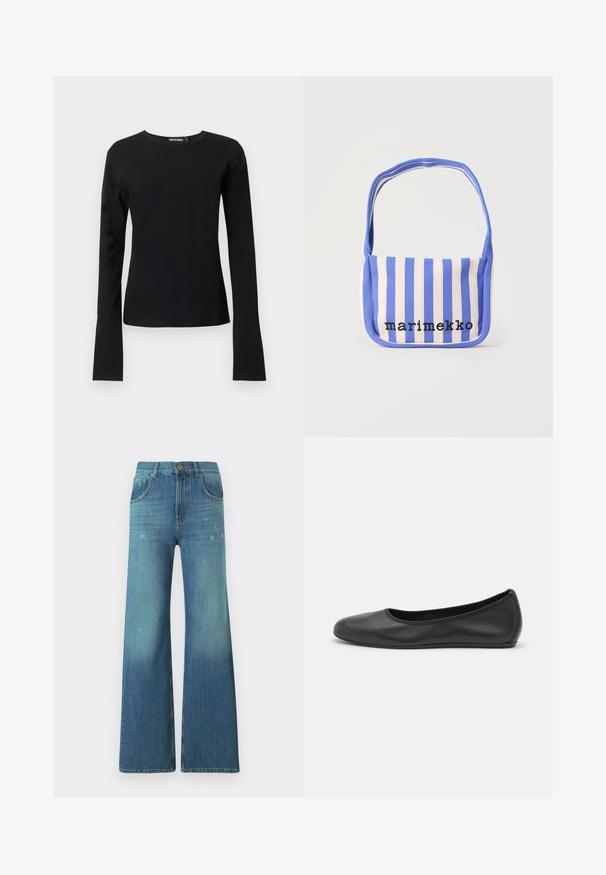 Sort tætsiddende langærmet t-shirt med rund hals og lige kant samt glat stof, vist mod en ensartet lys baggrund.; Bredde bukser i blå denim med en lysvask gradient, med fem-lomme design, lynlås i taljen og detaljer med messingknap ved taljen.; Sort læderballetsko med rund tå, glat tekstur, minimal syning og et fleksibelt såldesign.; Blå og hvide lodrette stribede skuldertaske af stof med teksten "marimekko" broderet i sort på forsiden.