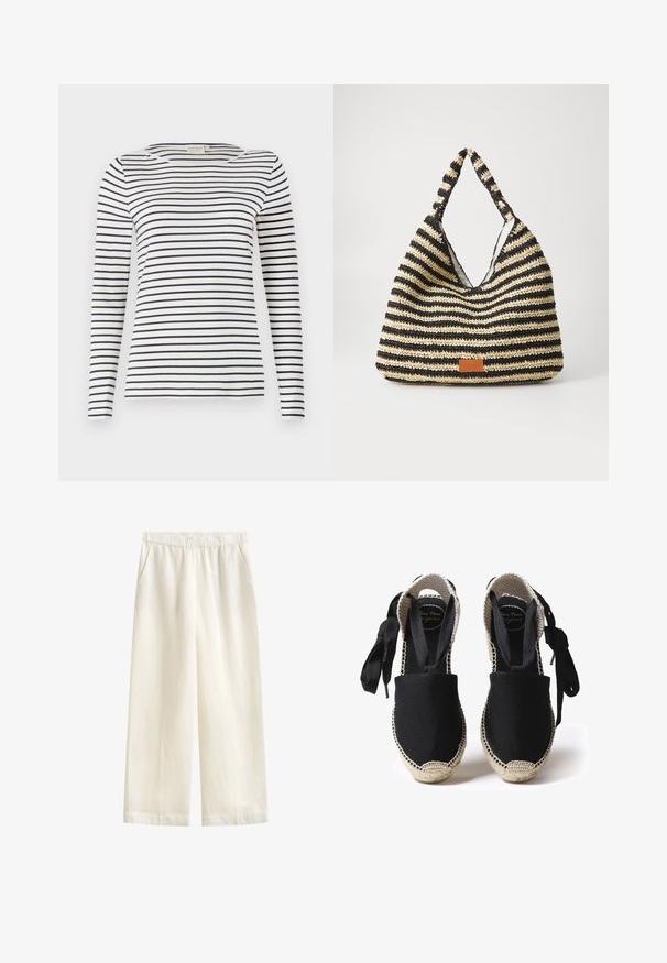 Camisa de manga larga a rayas hecha de tela suave, con rayas horizontales en azul marino y blanco, escote redondo y un diseño ajustado.; GANT BLEND PULL ON PANTS - Pantalones - eggshell; Espadrilles de lona negra con suela de yute y bordes trenzados. Cintas del mismo tejido negro para un ajuste ajustable. Diseño de puntera cerrada.; Bolsa tejida a rayas en negro y beige, con un diseño holgado, superficie texturizada y un pequeño parche de cuero.