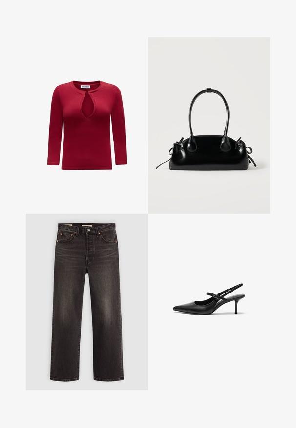 Chemise rouge à manches longues avec un col rond et une découpe en forme de serrure en V sur le devant, étiquetée "Weekday" à l'intérieur du col.; Jeans en denim noir avec une coupe droite. Comprend des rivets en cuivre et des poches. Texture lisse et finition légèrement décolorée.; Talons aiguilles noires en cuir avec un bout pointu, une fine bride réglable, et un talon aiguille d'environ 5 cm, texture lisse.; Petit sac à main noir brillant avec deux longues anses et des détails à cordon sur les côtés sur un fond clair uni.