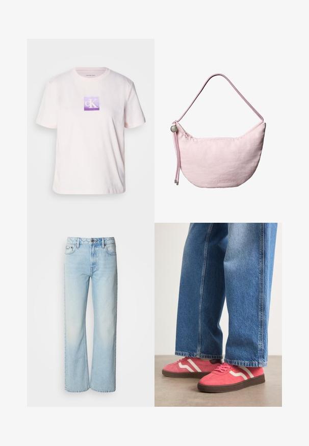 Lichtroze katoenen T-shirt met korte mouwen, met een vierkant paarse grafische logo met witte "cK" letters in het midden.; Lichtblauwe wijde jeans van denim, voorzien van een klassiek vijf-pocket ontwerp en een subtiele vervaagde textuur. Denimstiksels zijn zichtbaar.; Roze suède sneakers met witte golvende strepen en bruine rubberen zolen, gecombineerd met lichtblauwe wijde denim jeans.; Zachtroze, sikkelvormige schoudertas met verstelbare koordriem, metalen stopper en een subtiel geperst "cK"-logo in het midden aan de voorkant.
