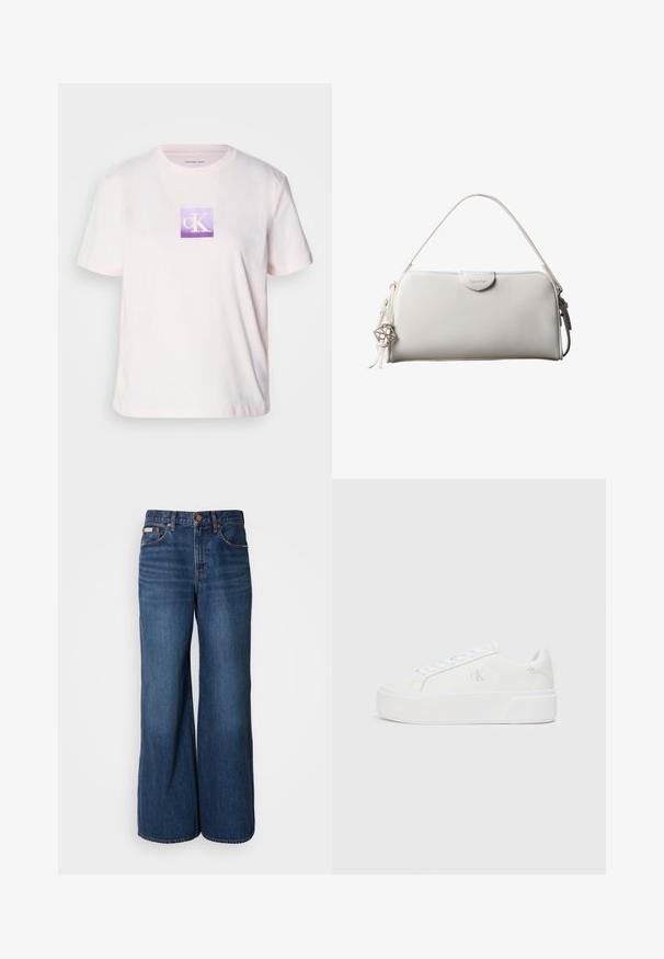 Helles rosa Baumwoll-T-Shirt mit kurzen Ärmeln, das ein quadratisches lila grafisches Logo mit weißer "cK"-Schriftzug in der Mitte zeigt.; Weite Jeans aus dunkelblauem Denim. Merkmale sind eine hohe Taille, fünf Taschen und kontrastierender orangefarbener Stitching entlang der Nähte.; Weiße Plattform-Sneaker mit einem glatten Leder-Obermaterial, abgerundetem Zehenbereich, weißen Schnürsenkeln und dezentem Logo-Detail an der Seite. Flache Gummisohle.; Weiße rechteckige Calvin Klein Handtasche mit einem einzelnen Henkel, minimalistischem Design und dekorativen Quasten mit geometrischem Metallanhänger an der Seite.