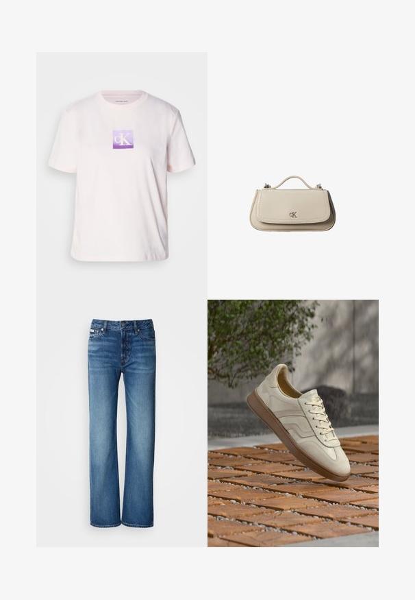 Lichtroze katoenen T-shirt met korte mouwen, met een vierkant paarse grafische logo met witte "cK" letters in het midden.; Lichtblauwe, wijde jeans van denim; beschikt over een knoopsluiting, zijzakken en een subtiele vervagingspatroon op de stof.; Sneaker in roomkleur met een gestructureerde beige rubberen zool, vetersluiting en subtiele merkdetails aan de zijkant. Bovenwerk van glad leer.; Kleine beige leren handtas met bovenhandvat en zilveren CK-logo op de voorflap, getoond tegen een witte achtergrond.