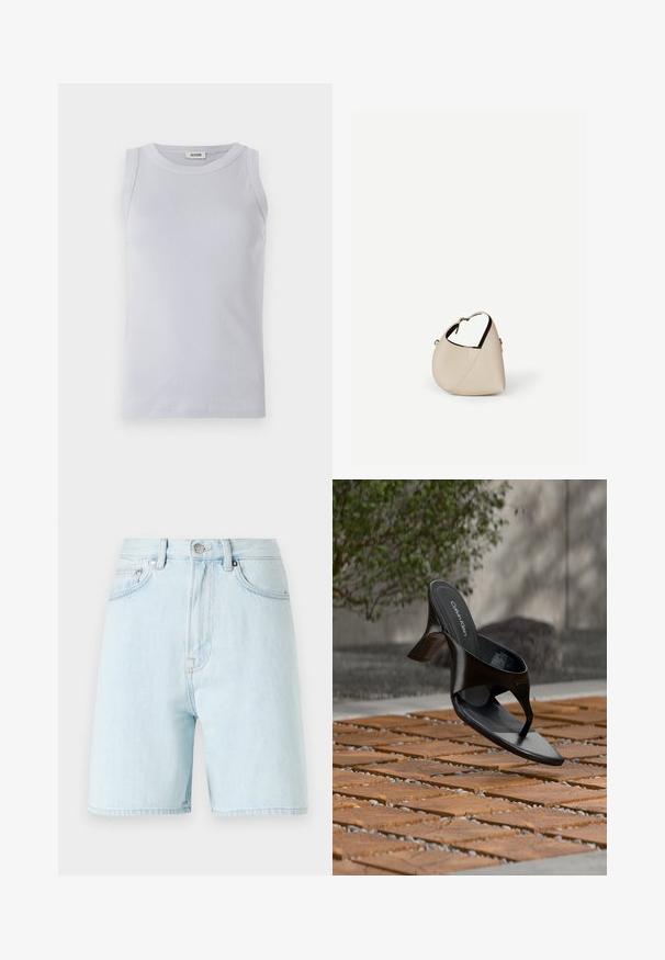 Débardeur à côtes bleu clair avec un col rond. Texture lisse et design sans manches, comportant une étiquette de marque discrète sur le col.; Shorts en denim bleu clair à taille haute, avec un design à cinq poches et une fermeture par bouton en laiton. Présente des coutures discrètes et des bords effilochés.; Sandale à talon noire Calvin Klein en forme de tongs flottant au-dessus d'une surface extérieure carrelée avec de la verdure et un mur en béton en arrière-plan.; Sac à main en cuir beige en forme de croissant avec une seule bandoulière et des coutures minimalistes, posé sur un fond blanc uni.