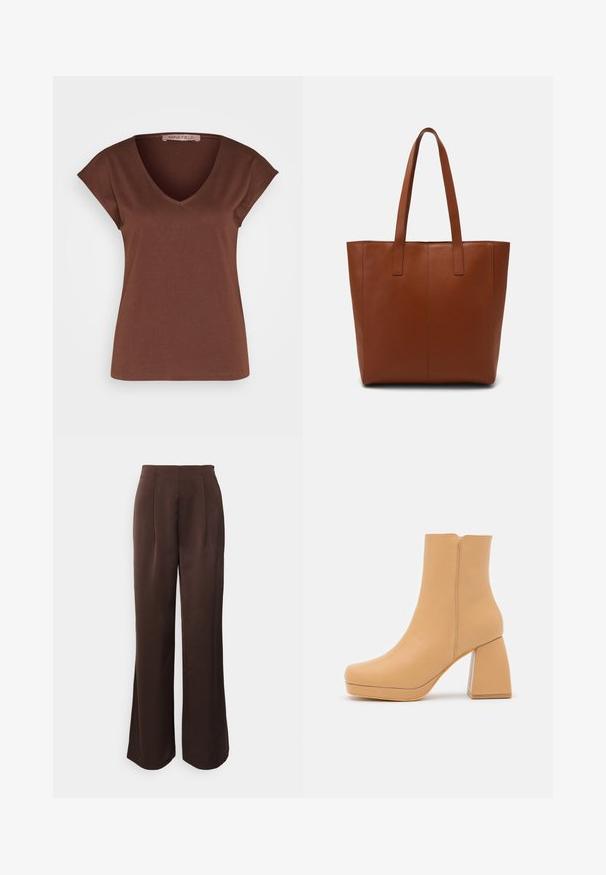 T-shirt marron à col en V avec des manches courtes et retroussées. Fabriqué en tissu doux, il présente un design simple et une coupe droite à l'ourlet.; Anna Field by Zalando Pantalon classique - brown; DeeZee Bottines à plateau - dark beige; Sac en cuir marron avec une texture lisse, des détails de couture verticale et deux poignées plates. Design à ouverture supérieure, intérieur spacieux.