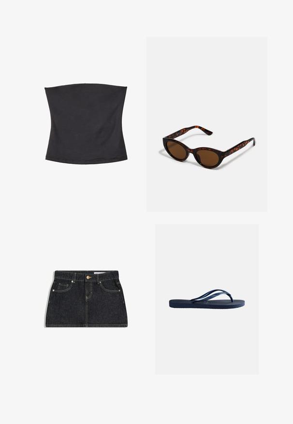 Schwarzes Tube-Top aus weichem, dehnbarem Stoff. Glatte Textur mit einem elastischen Band an den oberen und unteren Kanten für sicheren Halt. Kein Muster.; Schwarzer Jeans-Minirock mit Fronttaschen, Gürtelschlaufen, Knopfverschluss und kontrastierender Naht auf weißem Hintergrund.; Marineblaue Gummi-Zehentrenner mit strukturierter Sohle und Y-förmigen Riemen, isoliert vor schlichtem hellgrauem Hintergrund.; Braune Schildpatt-Sonnenbrille mit einer Vintage-Cat-Eye-Form und braunen Gläsern. Verfügt über gebogene Bügel mit roten Akzenten.