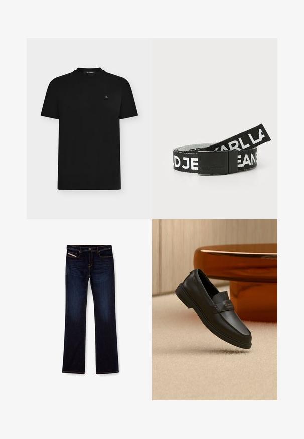 T-shirt noir à manches courtes et col rond avec petit logo blanc « KL » sur le côté gauche de la poitrine, présenté sur un fond gris clair uni.; Jean en denim bleu foncé avec une coupe droite, présentant des coutures orange, une fermeture éclair et des poches avant. Texture lisse et taille standard.; Chaussure noire en cuir à enfiler avec des accents cousus, un col relevé et une semelle en caoutchouc plate, positionnée au-dessus d'une surface beige douce.; Ceinture en nylon noir et blanc avec une boucle en métal noir embossée. Présente un motif de texte audacieux "KARL LAGERFELD JEANS" le long de la sangle.