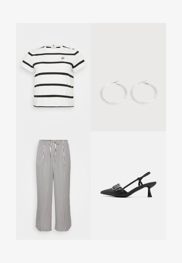 T-shirt blanc avec des rayures noires horizontales, à manches courtes et col rond. Présente un petit logo brodé à l'avant.; Pantalons courts avec une taille à cordon, présentant des rayures verticales bleu marine et blanches, exposés sur un fond blanc uni.; Simmi London DALA - Escarpins - black; Paire de boucles d'oreilles créoles argentées brillantes avec fermoirs en fil fin, présentée sur un fond gris clair.