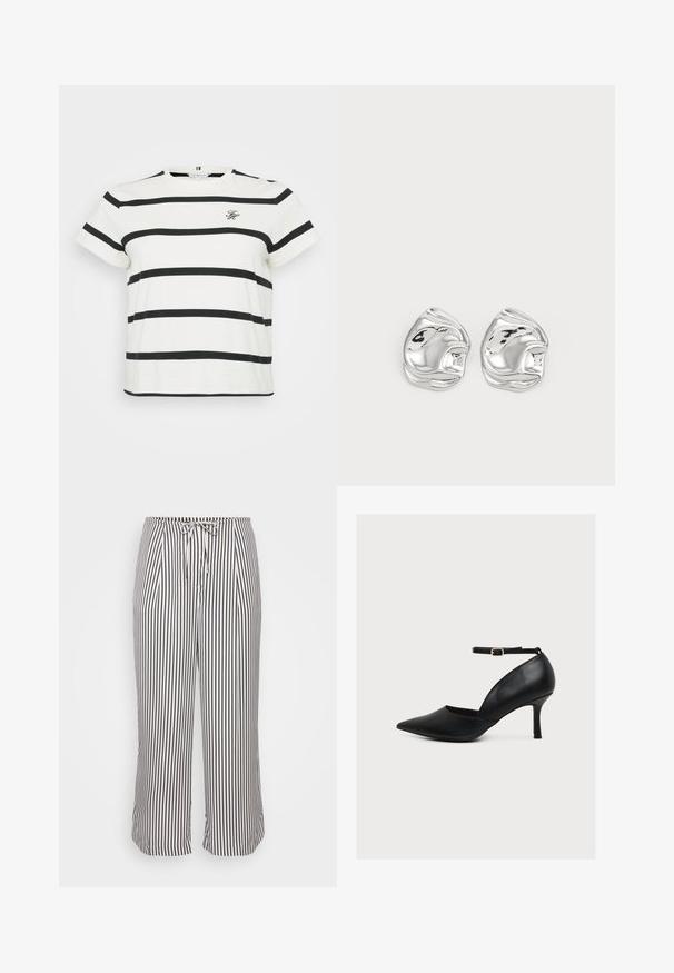 Camiseta blanca con rayas negras horizontales, de manga corta y con escote redondo. Presenta un pequeño logo bordado en la parte delantera.; Pantalones cortos con cintura elástica, con rayas verticales en navy y blanco, presentados sobre un fondo blanco liso.; Zapato de tacón alto de cuero negro con punta afilada, correa en el tobillo y pequeña hebilla dorada, mostrado de perfil sobre fondo blanco.; Pendientes de studs en forma abstracta de plata con un acabado pulido, que presentan curvas suaves y contornos sutiles. Sin patrones o acentos visibles.