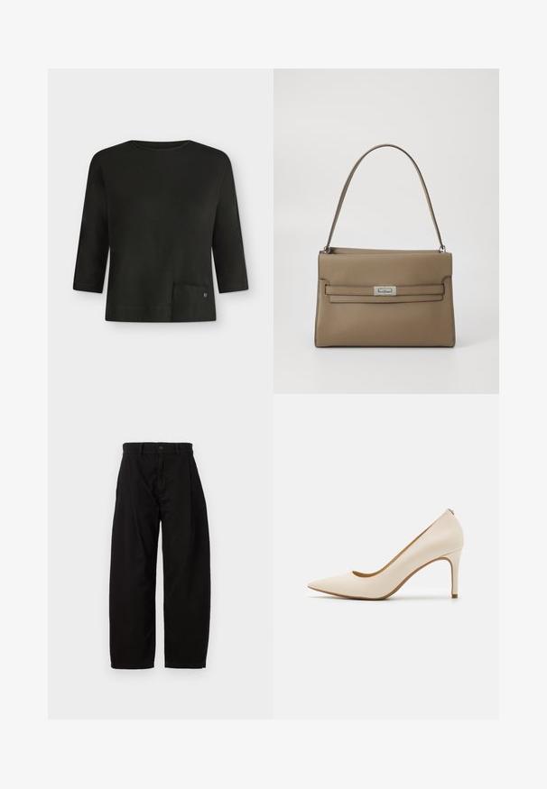 Chemise noire à manches longues, col ras-du-cou, manches trois quarts et petite poche avant sur le bas à gauche.; Pantalons larges noirs en coton avec une fermeture à bouton et à zip, dotés de plis avant et de poches latérales.; Escarpin beige à talon haut avec un bout pointu, empeigne en cuir lisse et un talon aiguille élancé. Présente un décolleté faible à l'avant et aucun matériel visible.; Sac à main en cuir marron avec une finition texturée, profil élancé, anse supérieure et un fermoir métallique central. Présente une bande horizontale à l'avant.