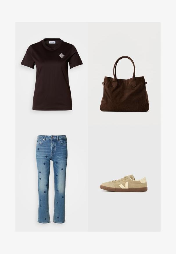 Zwart katoenen T-shirt met een ronde hals en korte mouwen. Voorzien van een wit diamantenvormig Lacoste-logo op de linkerborst.; Lichtblauwe denim jeans met rechte pijpen, voorzien van marineblauwe bloemenborduurwerk en wassing-effecten nabij de zakken en de zoom.; Lichtbruine suède sneaker met een crèmekleurig "V"-logo aan de zijkant en een bruine rubberen zool, weergegeven in linkerzijaanzicht op een witte achtergrond.; Bruine suède tote bag met twee lange handvatten, ovale accenten en een ruime uitstraling. Zachte textuur en minimalistisch uiterlijk.
