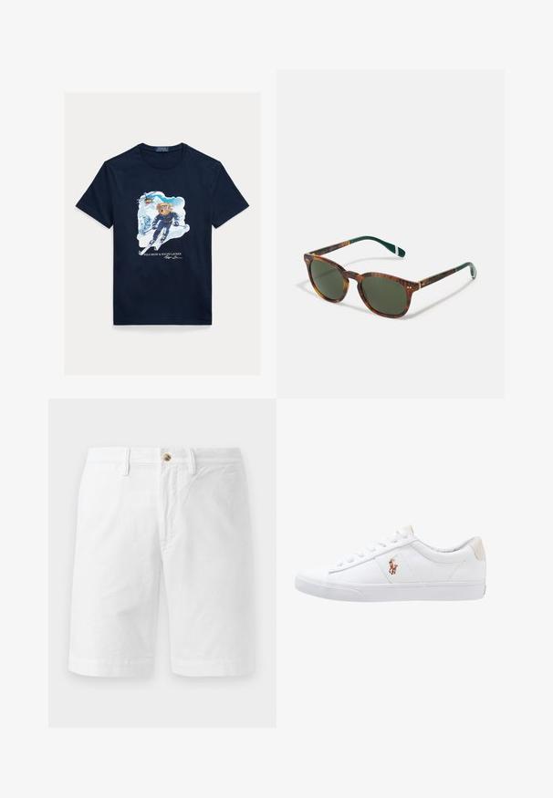 Camiseta de algodón azul marino con un gráfico de un oso esquiando, con gafas de protección, un helicóptero arriba y montañas nevadas al fondo.; Pantalones cortos de algodón blanco con un ajuste relajado, que presentan un cierre frontal con botón, trabillas para cinturón y un diseño de frente plano. Textura suave y corte hasta la rodilla.; Zapatilla de lona blanca con diseño de corte bajo, que cuenta con un taco trasero beige y un pequeño logo bordado en el costado. Suela de goma.; Gafas de sol de carey con lentes verdes, forma redondeada, acentos dorados y brazos verde oscuro con una franja blanca.
