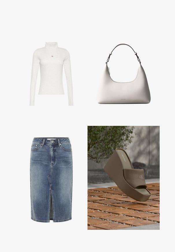 Lysegrå langærmet rullekravetrøje med et lille rødt og sort "ck" logo centreret på brystet.; Blå denim nederdel i knælængde med central slids foran, fem-lomme design og knaplukning i taljen.; Brun Calvin Klein platform slide sandal med stofrem og præget "ck" logo på trægulv udendørs.; Cremefarvet skuldertaske i læder fra Calvin Klein med buet topkant, sølvfarvet lynlås og mørkebrun justerbar rem.
