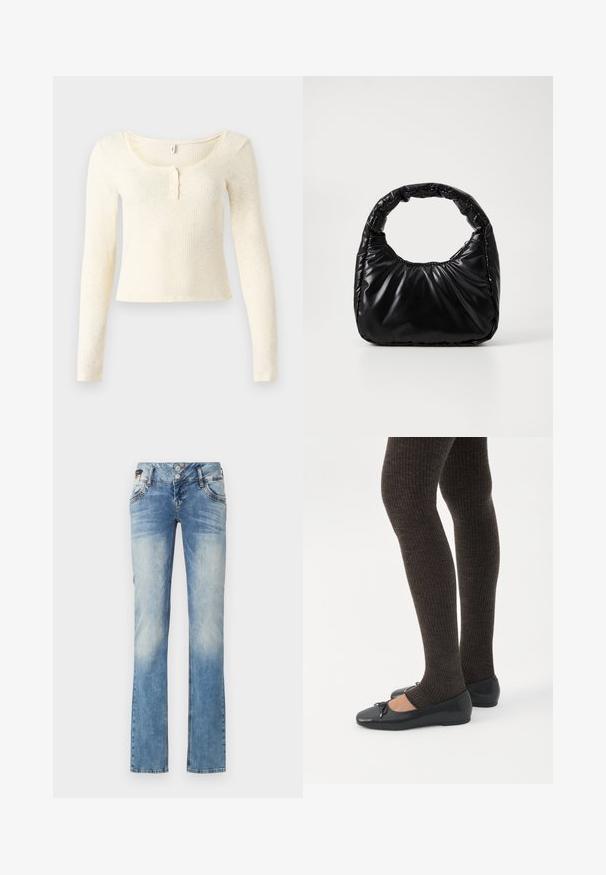 Top met lange mouwen van geribd breisel in lichtcrème; heeft een ronde hals en een knoopsluiting met drie knopen. Zachte textuur en aansluitend model.; Lichtblauwe denim jeans met een rechte pijp, voorzien van een vijfknopen sluiting, voorzakken en subtiele vervagingdetails.; Benen met donkere geribbelde leggings gecombineerd met zwarte ballerina's met kleine strikdetails op een witte achtergrond.; Zwarte gevoerde handtas met een ronde handgreep, met een gladde, glanzende oppervlakte en een zachte, gewatteerde textuur. Geen zichtbare metalen onderdelen of accenten.