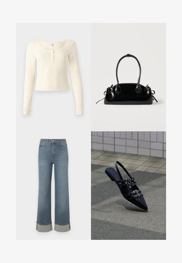 Top de punto acanalado de manga larga en color crema claro; presenta un escote redondo y una tapeta de tres botones. Textura suave y diseño ajustado.; Los jeans de mezclilla azul de pierna ancha tienen una cintura alta, dobladillos con acento gris, diseño de cinco bolsillos y cierre frontal de botón.; Sandalia plana negra de punta afilada con varias correas con hebillas y talón descubierto, situada sobre una superficie pavimentada y con un fondo de muro de azulejos.; Pequeño bolso negro brillante con dos asas largas y detalles de cordón lateral sobre un fondo claro liso.