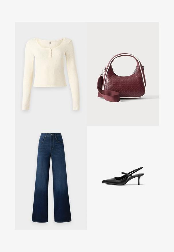 Top met lange mouwen van geribd breisel in lichtcrème; heeft een ronde hals en een knoopsluiting met drie knopen. Zachte textuur en aansluitend model.; Wide-leg donkerblauwe jeans van denim, met een hoge taille, vijf zakken en contrasterende stiksels langs de naden.; Zwarte leren slingback hakken met een puntige neus, slanke verstelbare band en een ongeveer 5 cm hoge stiletto hak, met een gladde textuur.; Donkerrode geweven leren handtas met gebogen handvat, witte bies, zilveren rits en afneembare brede stoffen schouderriem tegen een effen achtergrond.