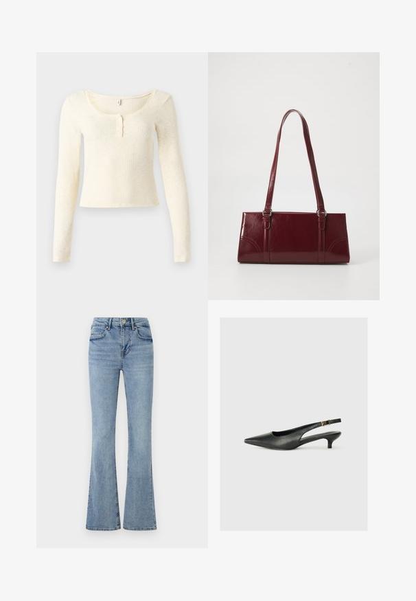 Langærmet, ribstrikket top i lysecreme; har en rund halsudskæring og en knapstolpe med tre knapper. Blød tekstur og tæt pasform.; Lyseblå denimjeans med høj talje, frontknap og lynlås, fem lommer og let udvidede ben.; Sorte spidse slingback-sko lavet af glat læder. Har en tynd hæl og en spænde detalje på den justerbare rem.; Bordeaux håndtaske lavet af glansfuldt materiale, rektangulær form, med to skulderremme og subtile buede detaljer på forsiden.
