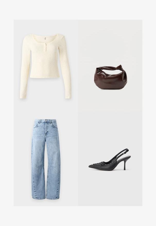 Top de punto acanalado de manga larga en color crema claro; presenta un escote redondo y una tapeta de tres botones. Textura suave y diseño ajustado.; Vaqueros de mezclilla de pierna ancha en tono azul claro, con cintura alta, cinco bolsillos y un ligero desgastado. Las piernas presentan costuras y costuras visibles.; Sandal de tacón stiletto negro de cuero con punta afilada, correa lateral con hebilla, tachuelas a lo largo del borde y cordones decorativos en la parte delantera.; Bolso de hombro de cuero marrón oscuro con una forma suave y caída, y un asa con nudo torcido sobre un fondo blanco liso.