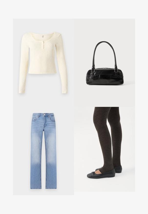 Top de punto acanalado de manga larga en color crema claro; presenta un escote redondo y una tapeta de tres botones. Textura suave y diseño ajustado.; Pantalones de mezclilla azul claro con un diseño de pierna recta, que presentan un lavado deslavado en la parte inferior y un estilo clásico de cinco bolsillos.; Piernas con leggings oscuros acanalados combinados con bailarinas negras que presentan pequeños detalles de lazo sobre un fondo blanco.; Bolso de mano de cuero negro con forma rectangular, equipado con un asa estructurada, herrajes en plata y cierre de cremallera. Textura suave.
