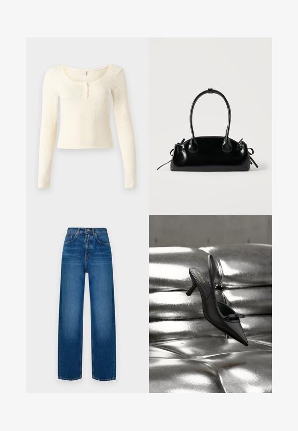 Top met lange mouwen van geribd breisel in lichtcrème; heeft een ronde hals en een knoopsluiting met drie knopen. Zachte textuur en aansluitend model.; Wijdvallende denim jeans in vervaagd blauw. Voorzien van een knoopsluiting, klassiek vijf-pocket ontwerp en een zachte, gestructureerde afwerking.; Zwarte slingback pumps met spits toelopende neus en een klein strikje, rustend op glanzende zilverkleurige getufte leren bekleding.; Kleine zwarte glanzende handtas met twee lange hengsels en zijkant trekkoord details op een effen lichte achtergrond.