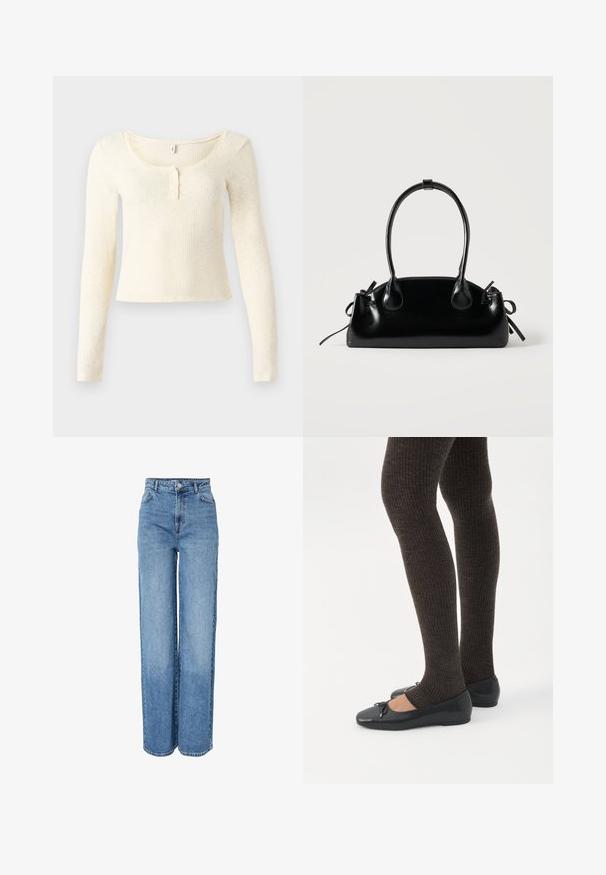 Top de punto acanalado de manga larga en color crema claro; presenta un escote redondo y una tapeta de tres botones. Textura suave y diseño ajustado.; Jeans de mezclilla azules de tiro alto y pierna recta con cierre frontal de botones y cremallera, trabillas para cinturón y bolsillos delanteros y traseros.; Piernas con leggings oscuros acanalados combinados con bailarinas negras que presentan pequeños detalles de lazo sobre un fondo blanco.; Pequeño bolso negro brillante con dos asas largas y detalles de cordón lateral sobre un fondo claro liso.
