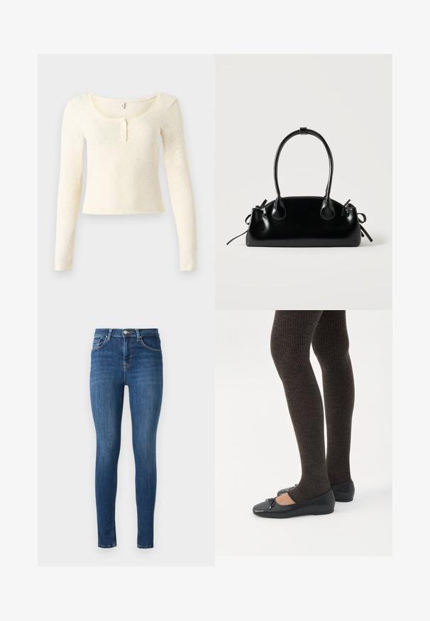 Top met lange mouwen van geribd breisel in lichtcrème; heeft een ronde hals en een knoopsluiting met drie knopen. Zachte textuur en aansluitend model.; Skinny jeans in donkerblauwe denim met vijf zakken, sluiting met een knoop aan de voorkant en een gladde textuur. Licht vervaging langs de dijen en knieën.; Benen met donkere geribbelde leggings gecombineerd met zwarte ballerina's met kleine strikdetails op een witte achtergrond.; Kleine zwarte glanzende handtas met twee lange hengsels en zijkant trekkoord details op een effen lichte achtergrond.